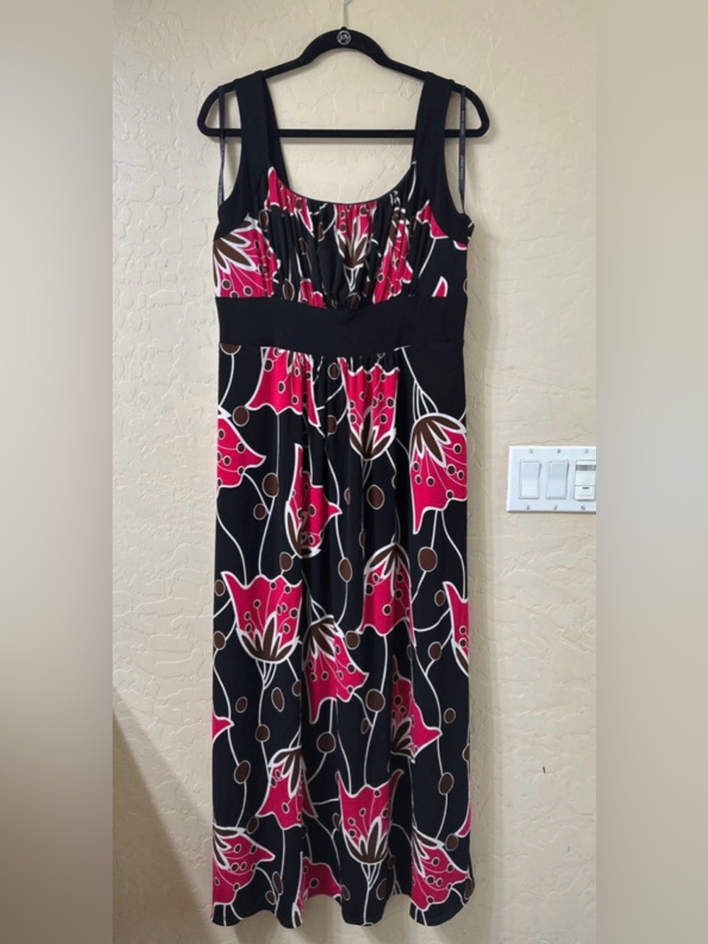 Vintage Bisou Bisou Black Maxi Dress with Pink Floral Print